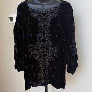Johnny Was Black Velvet Blouse with Floral Embroidery